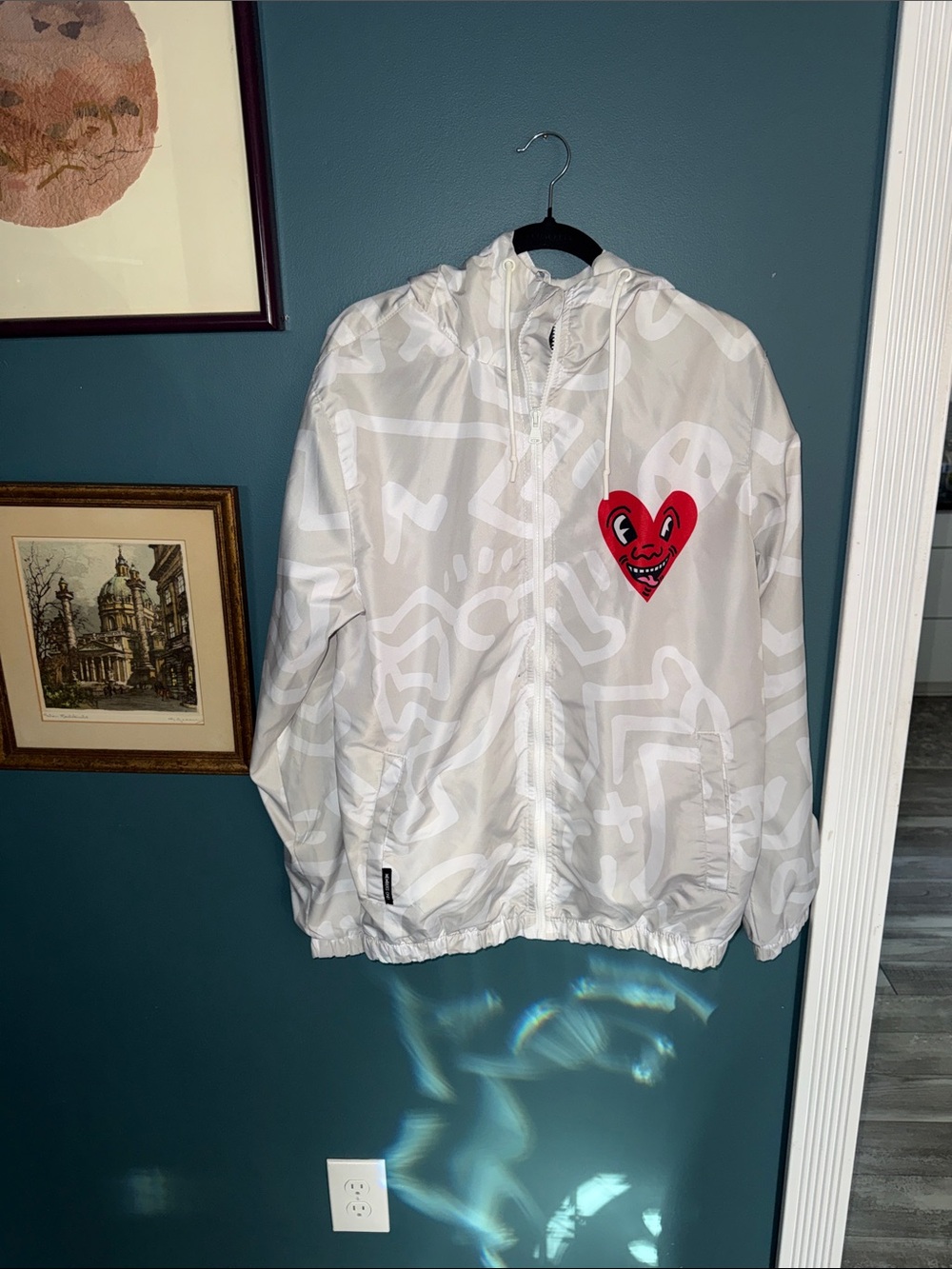 Members Only Keith Haring White Hooded Windbreaker with Red Heart Patch